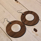 Handmade Walnut Wood and Shell Round Disc Dangle Earrings