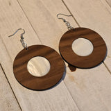 Handmade Walnut Wood and Shell Round Disc Dangle Earrings